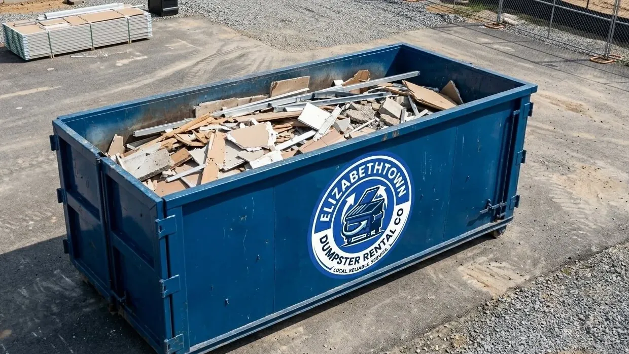 20 yard dumpster rental in Elizabethtown, KY: a twenty yard roll-off standing on plywood in front of a two-car garage in an Elizabethtown subdivision, furniture, carpet and boxes from a whole-house declutter carried out flat through the open garage door and loaded level. 20 yard dumpster rental in Elizabethtown, KY: a twenty yard roll-off standing on plywood in front of a two-car garage in an Elizabethtown subdivision, furniture, carpet and boxes from a whole-house declutter carried out flat through the open garage door and loaded level.
