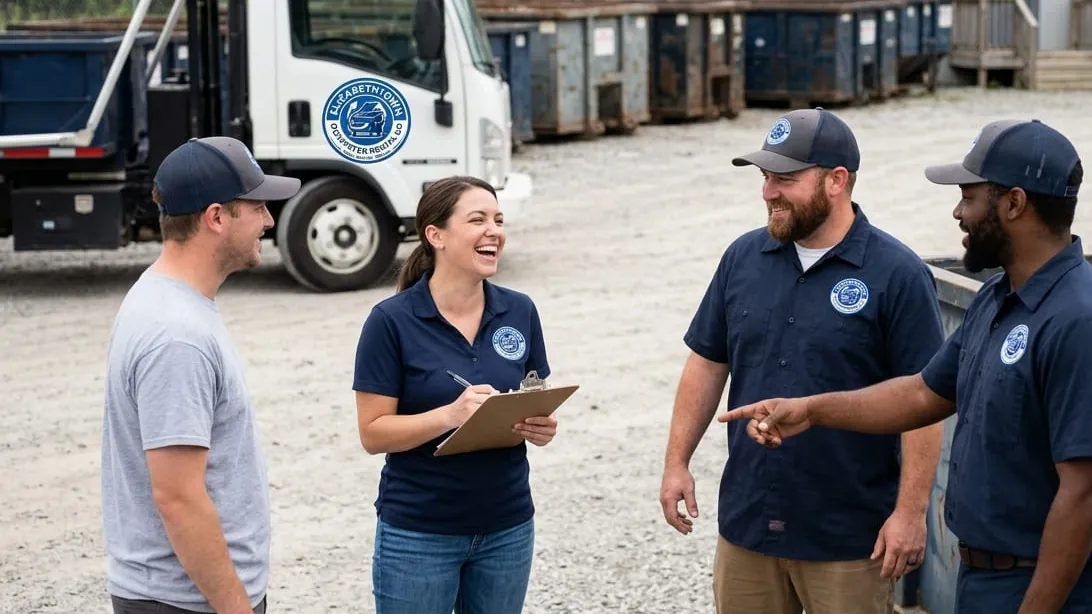 The Elizabethtown Dumpster Rental Co crew talking through the day’s routes at the yard