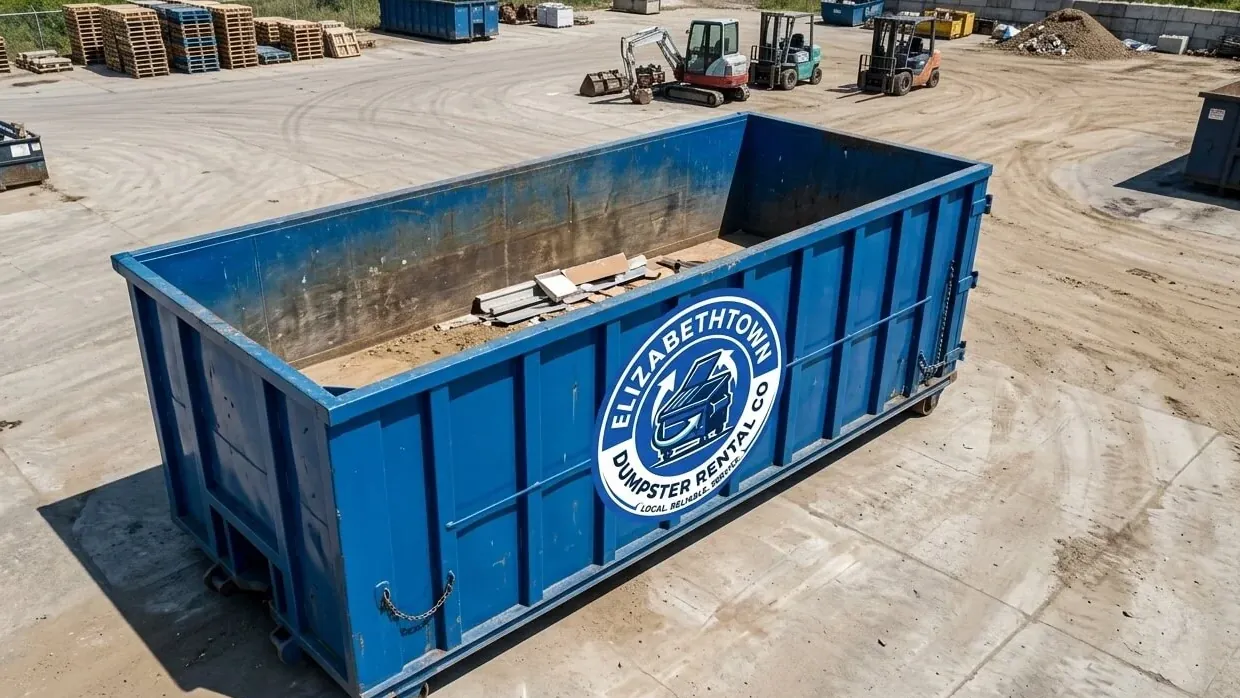 Dumpster rental services in Elizabethtown, Kentucky — the service containers staged at the North Dixie Highway yard, low-sided heavy boxes at one end and tall bulky-load boxes at the other