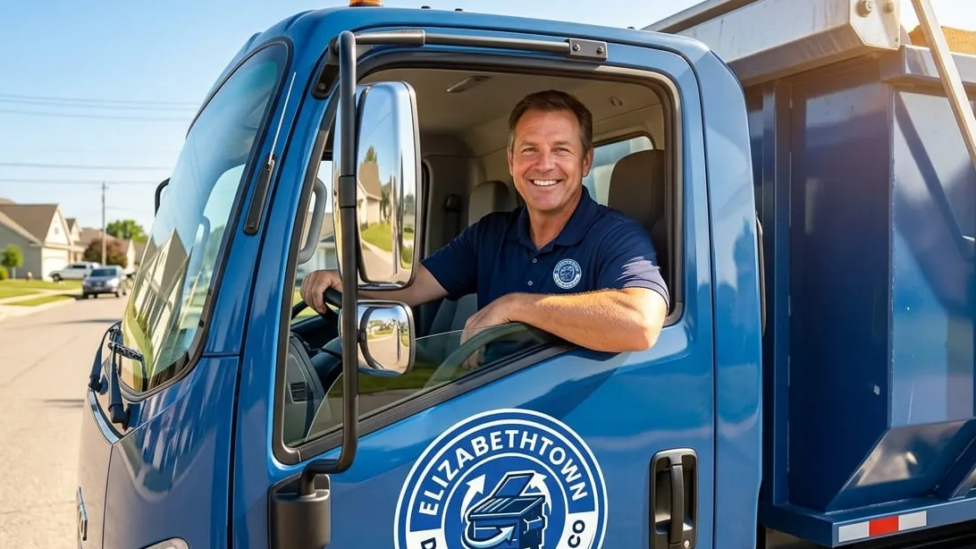 An Elizabethtown Dumpster Rental Co driver beside the roll-off truck fleet on North Dixie Highway