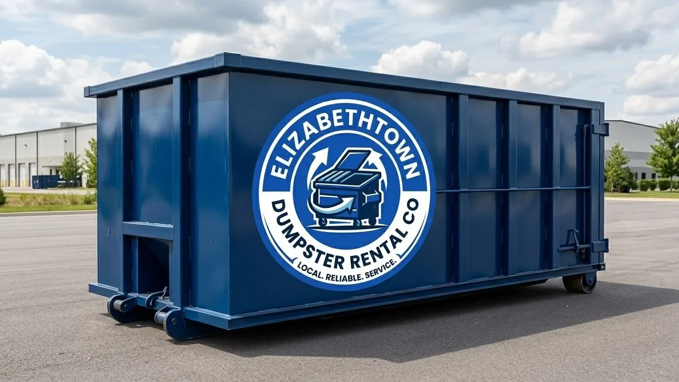 Roll-off dumpster rental in Elizabethtown, KY: five roll-off containers in ten, fifteen, twenty, thirty and forty yard sizes lined up at the yard on North Dixie Highway, showing the rise in wall height from the low-sided weight box to the tall bulky-load container. Roll-off dumpster rental in Elizabethtown, KY: five roll-off containers in ten, fifteen, twenty, thirty and forty yard sizes lined up at the yard on North Dixie Highway, showing the rise in wall height from the low-sided weight box to the tall bulky-load container.