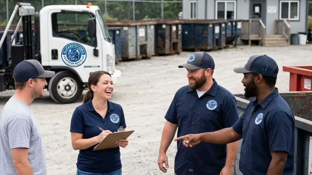 Storm and ice debris cleanup in Hardin County, Kentucky — limbs and broken timber cleared into a roll-off